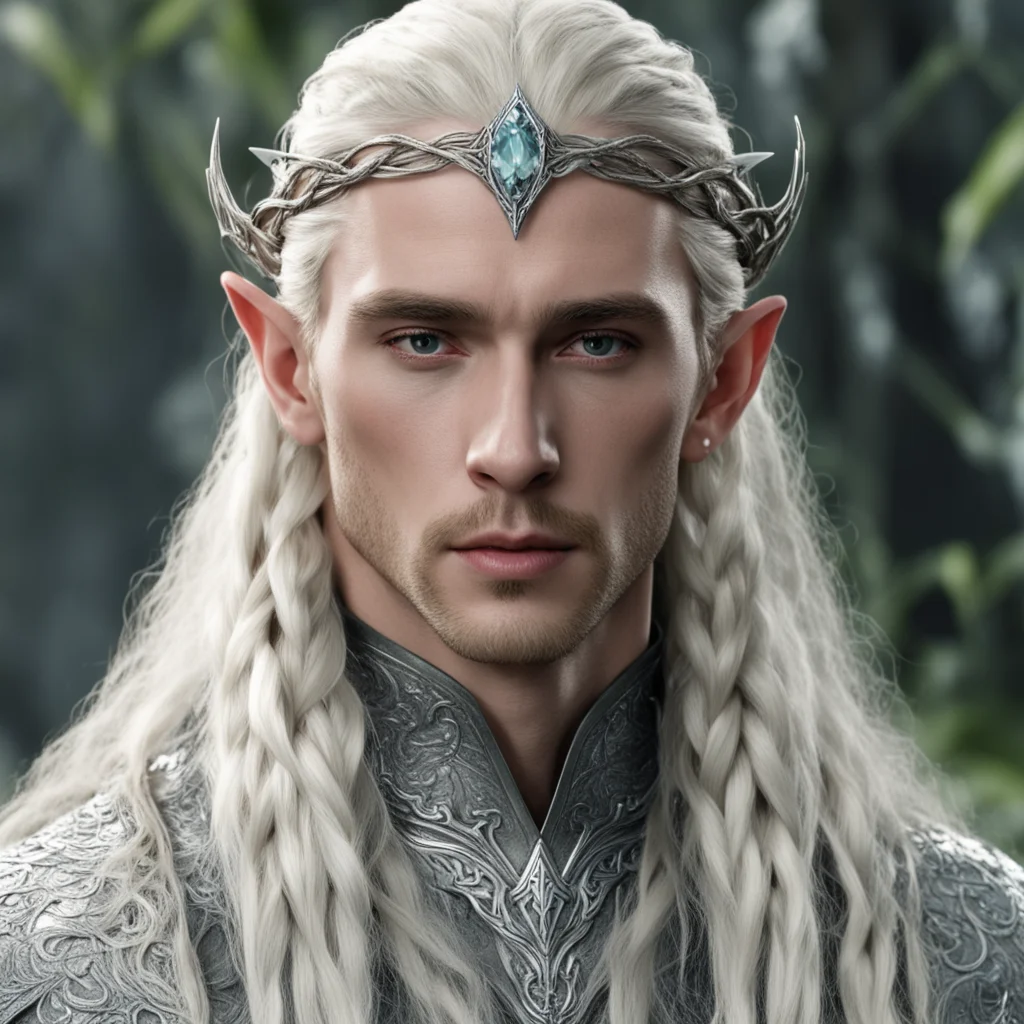 tolkien king thranduil with blond hair and braids wearing silver serpentine sindarin elvish circlet with large center diamond amazing awesome portrait 2