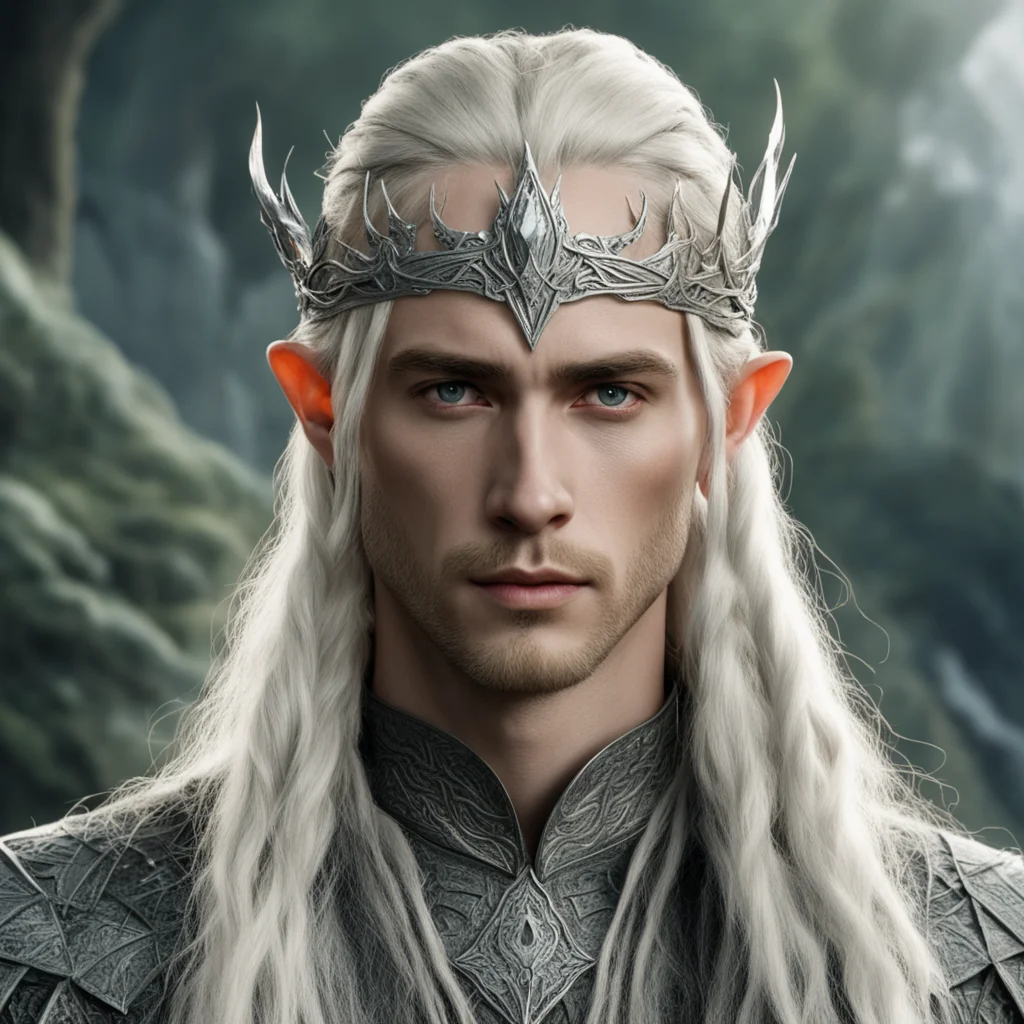 aitolkien king thranduil with blond hair and braids wearing silver serpentine sindarin elvish circlet with large center diamond good looking trending fantastic 1