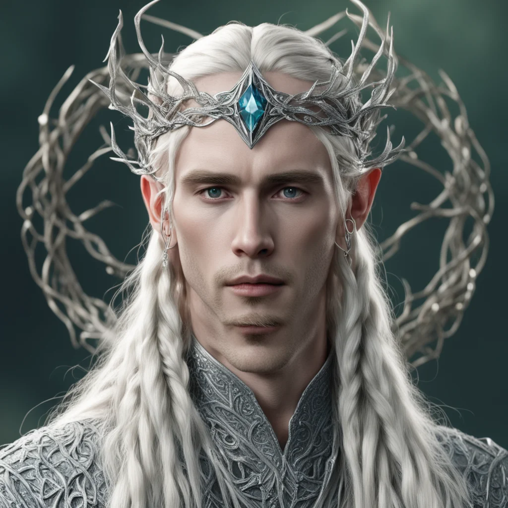 aitolkien king thranduil with blond hair and braids wearing silver serpentine vines encrusted with diamonds intertwined to form a silver elvish circlet with large center diamond 