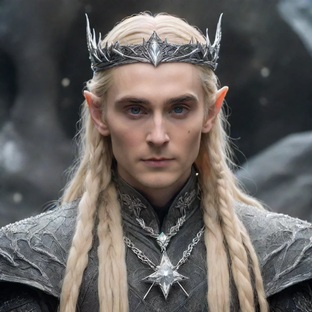 aitolkien king thranduil with blond hair and braids wearing silver silvan elvish circlet encrusted with diamonds with large center diamond 