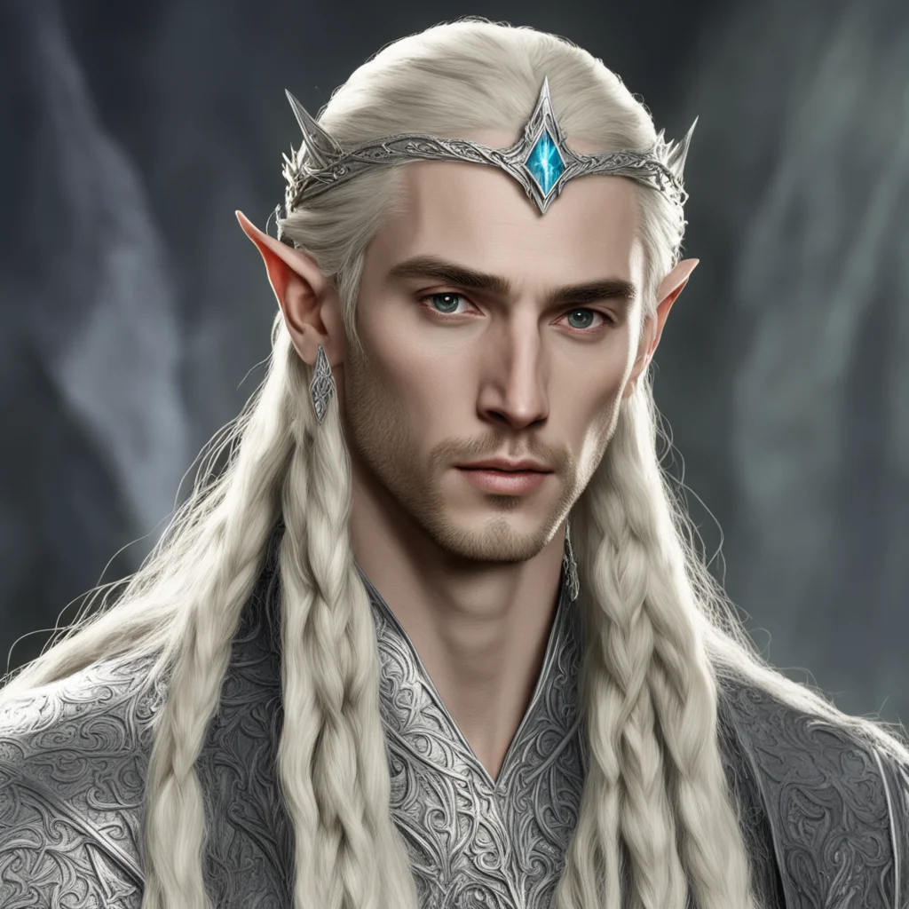 aitolkien king thranduil with blond hair and braids wearing silver silvan elvish circlet with large center diamond