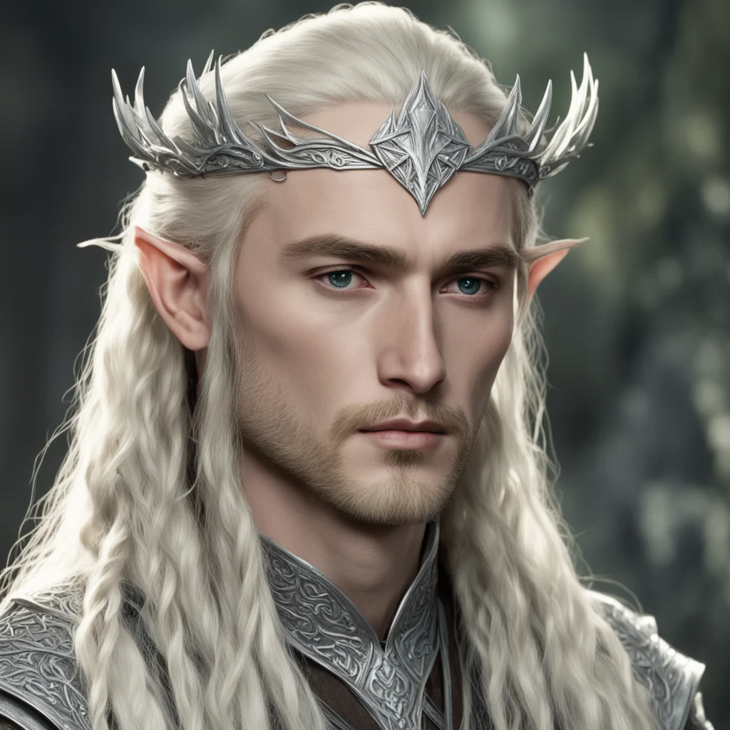 aitolkien king thranduil with blond hair and braids wearing silver sindarin elvish circlet with large center diamond confident engaging wow artstation art 3