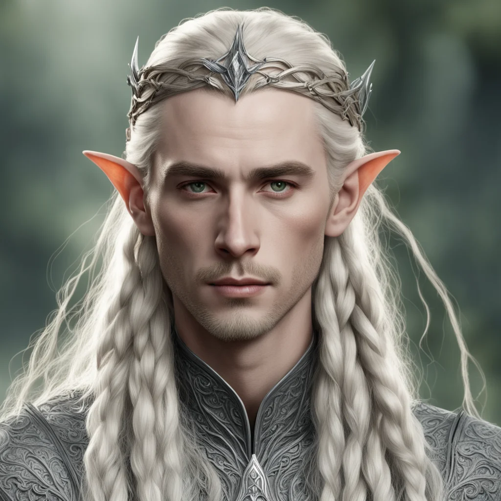 aitolkien king thranduil with blond hair and braids wearing silver sindarin elvish circlet with prominent center diamond 
