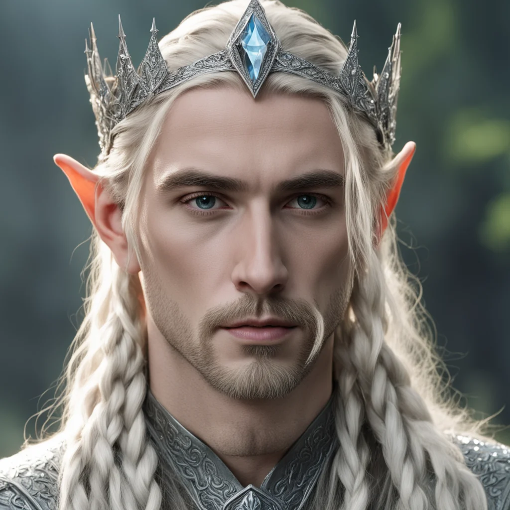 tolkien king thranduil with blond hair and braids wearing silver sindarin elvish crown encrusted with diamonds with large center diamond  amazing awesome portrait 2