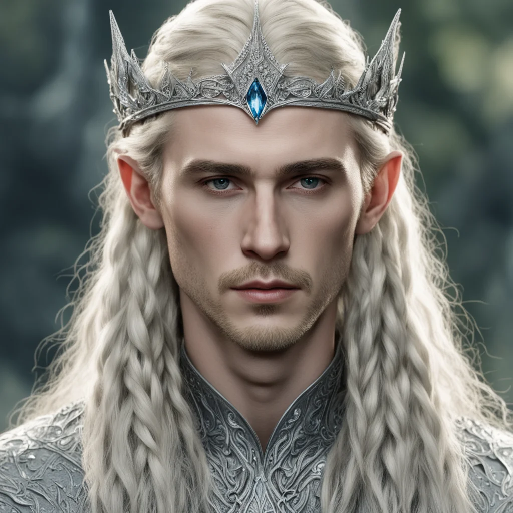 aitolkien king thranduil with blond hair and braids wearing silver sindarin elvish crown encrusted with diamonds with large center diamond  confident engaging wow artstation art 3
