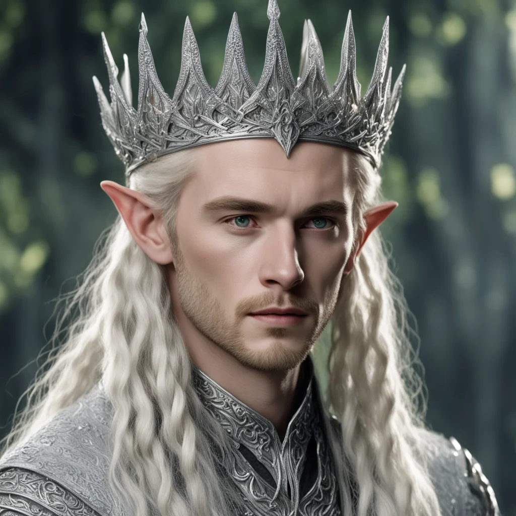 aitolkien king thranduil with blond hair and braids wearing silver sindarin elvish crown encrusted with diamonds with large center diamond  good looking trending fantastic 1