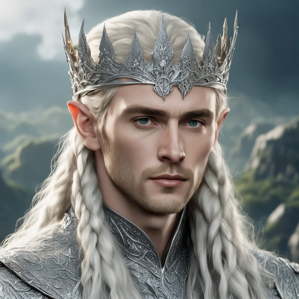 tolkien king thranduil with blond hair and braids wearing silver sindarin elvish crown encrusted with diamonds with large center diamond amazing awesome portrait 2