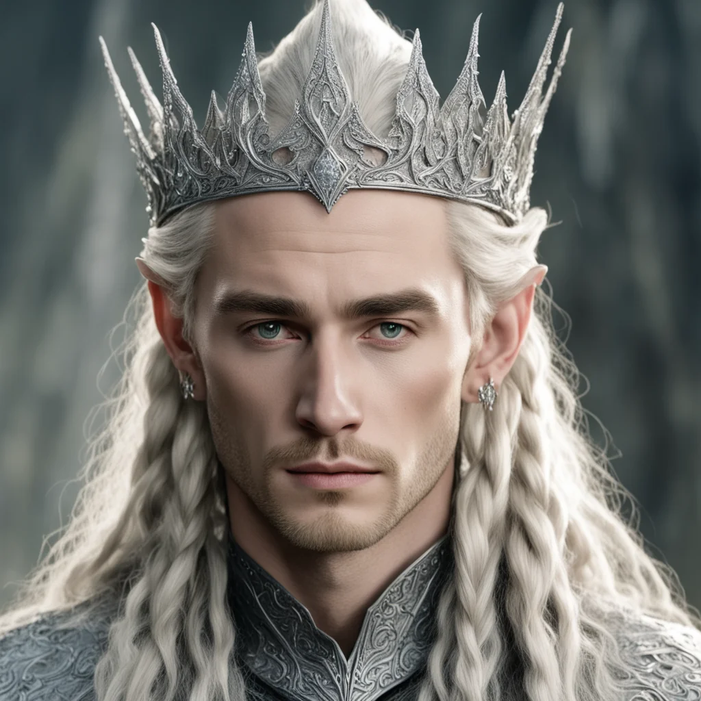 aitolkien king thranduil with blond hair and braids wearing silver sindarin elvish crown encrusted with diamonds with large center diamond confident engaging wow artstation art 3