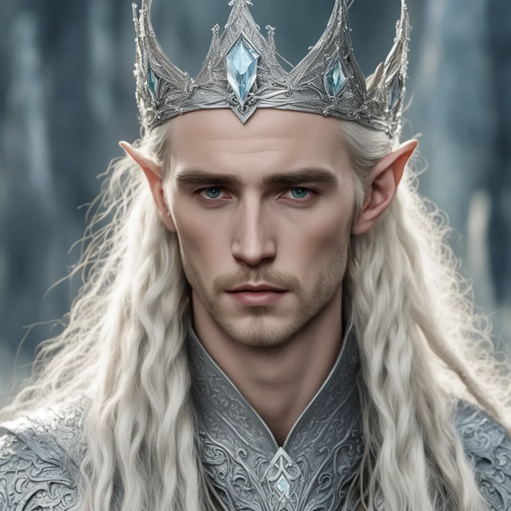 aitolkien king thranduil with blond hair and braids wearing silver sindarin elvish crown encrusted with diamonds with large center diamond good looking trending fantastic 1