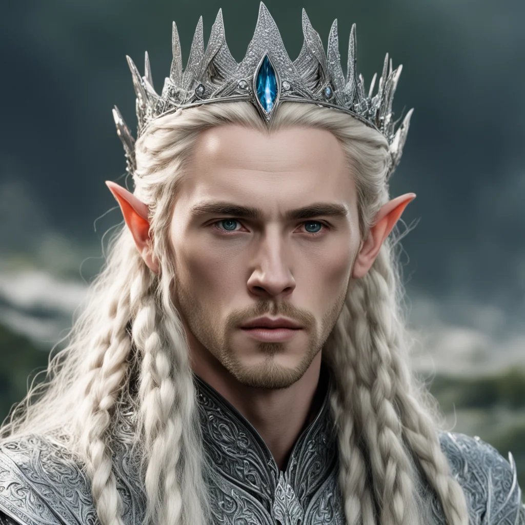 aitolkien king thranduil with blond hair and braids wearing silver sindarin elvish crown encrusted with diamonds with large center diamond