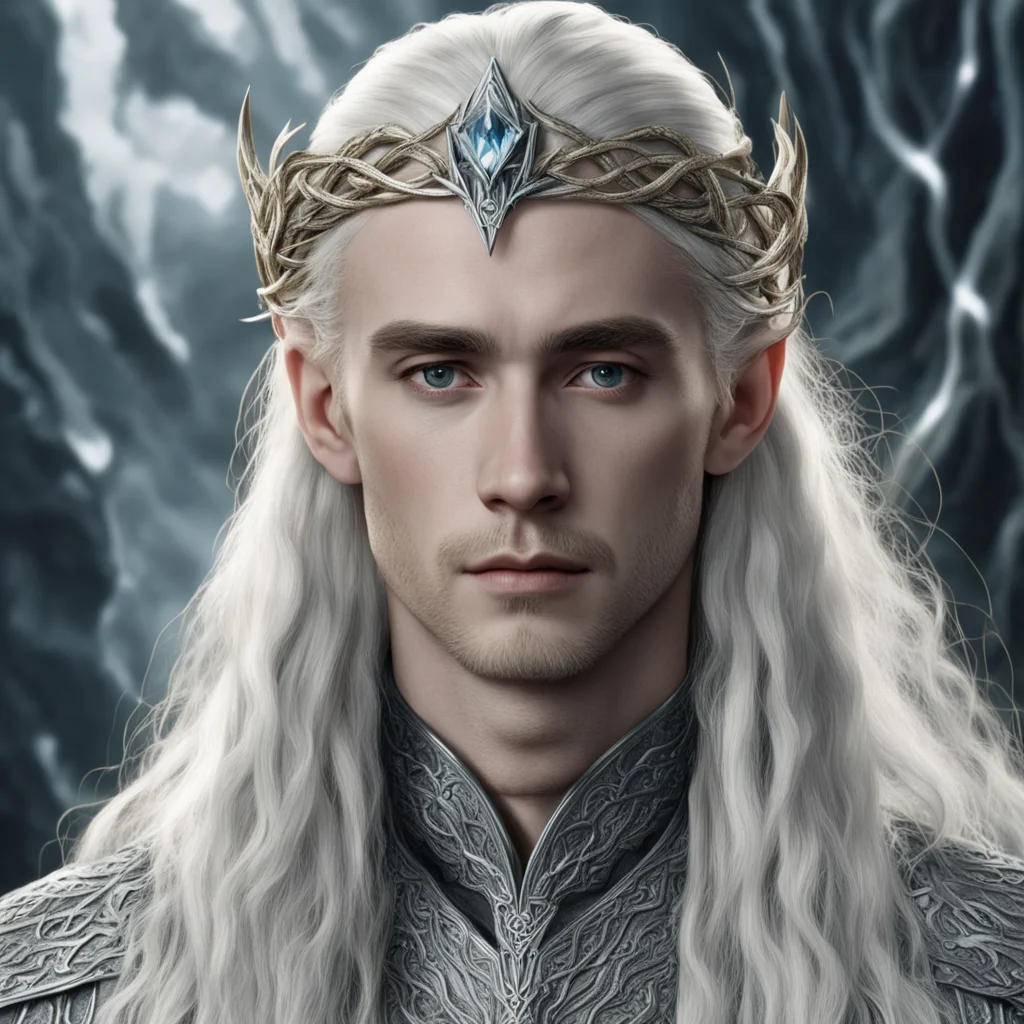 aitolkien king thranduil with blond hair and braids wearing silver snakes with diamond eyes intertwined to form silver elvish circlet with large center diamond  amazing awesome portrait 2
