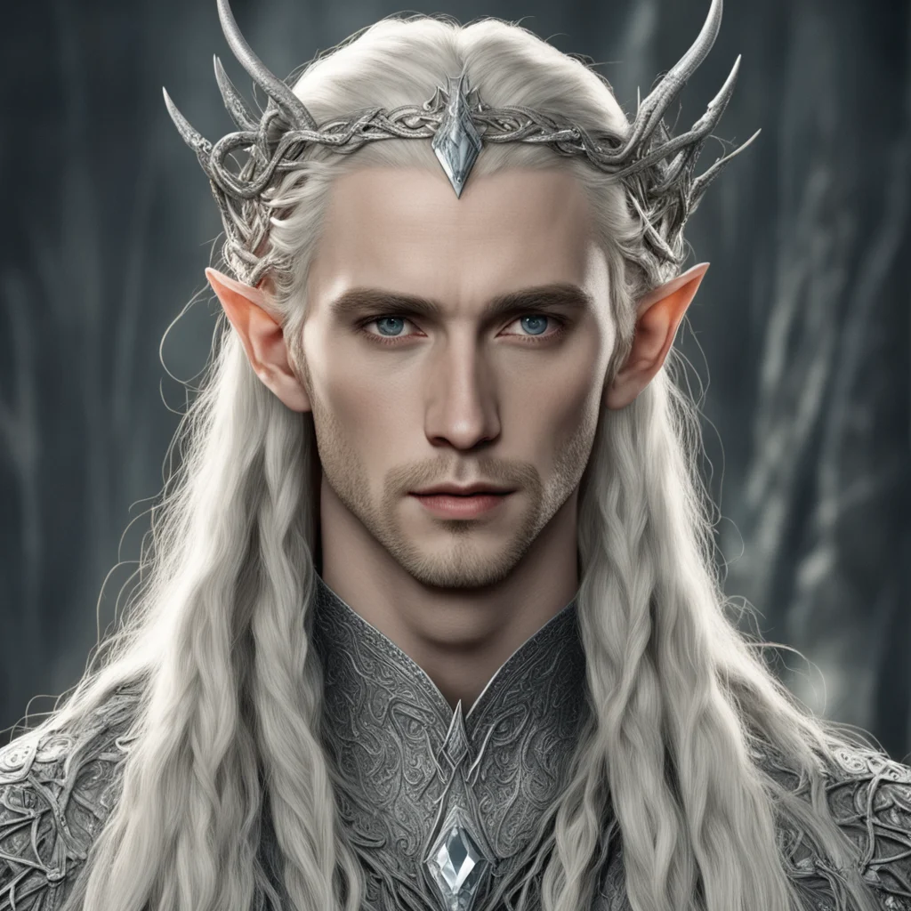 aitolkien king thranduil with blond hair and braids wearing silver snakes with diamond eyes intertwined to form silver elvish circlet with large center diamond  good looking trending fantastic 1