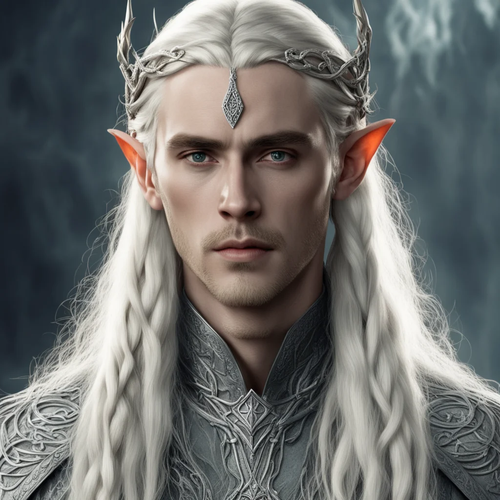 aitolkien king thranduil with blond hair and braids wearing silver snakes with diamond eyes intertwined to form silver elvish circlet with large center diamond 