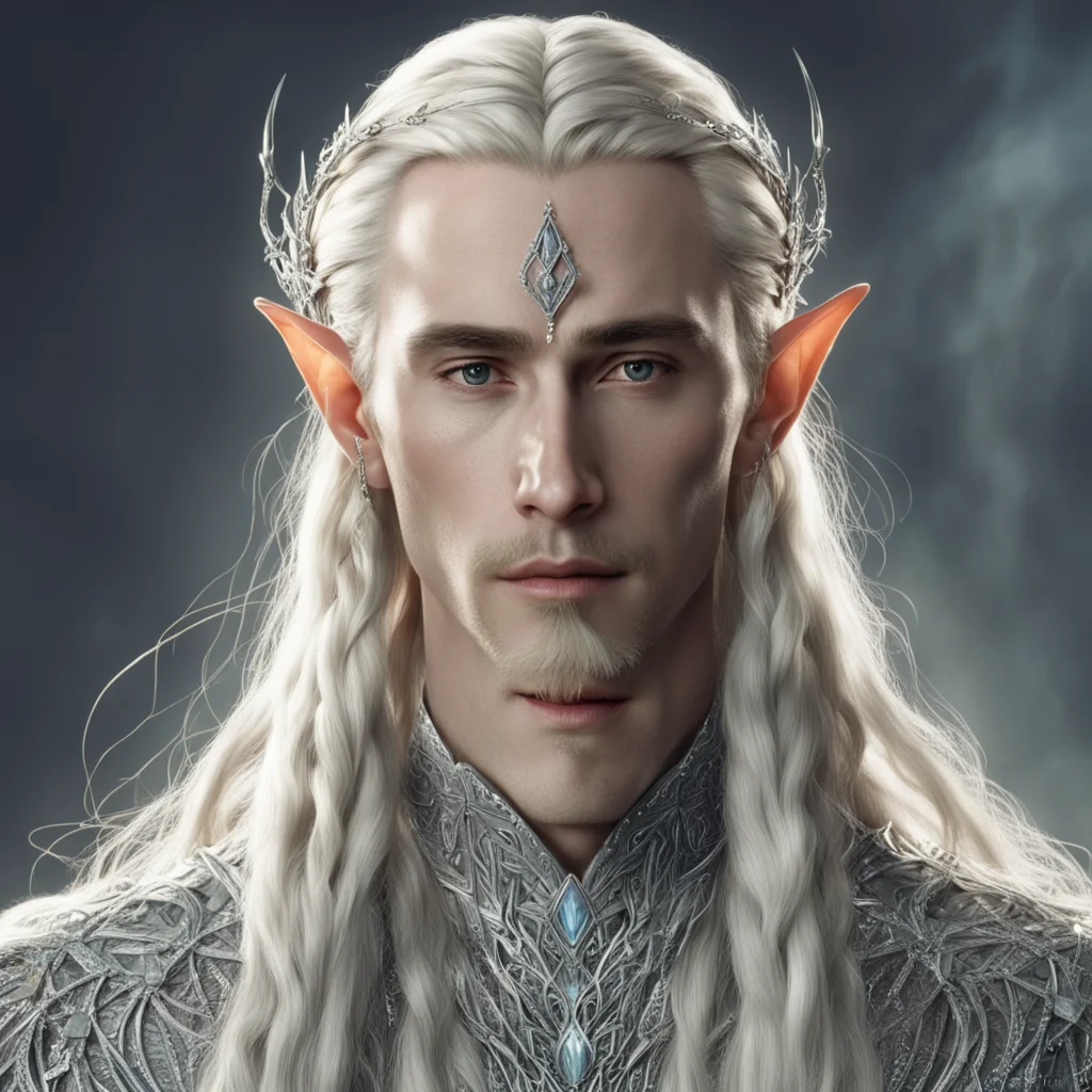 tolkien king thranduil with blond hair and braids wearing silver strings of large diamonds interconnected to form silver elvish circlet with prominent diamond in the center  confident engaging wow a