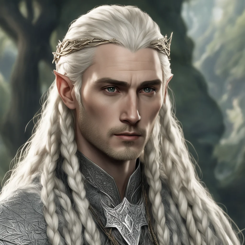 tolkien king thranduil with blond hair and braids wearing silver strings with large diamonds in the hair  confident engaging wow artstation art 3