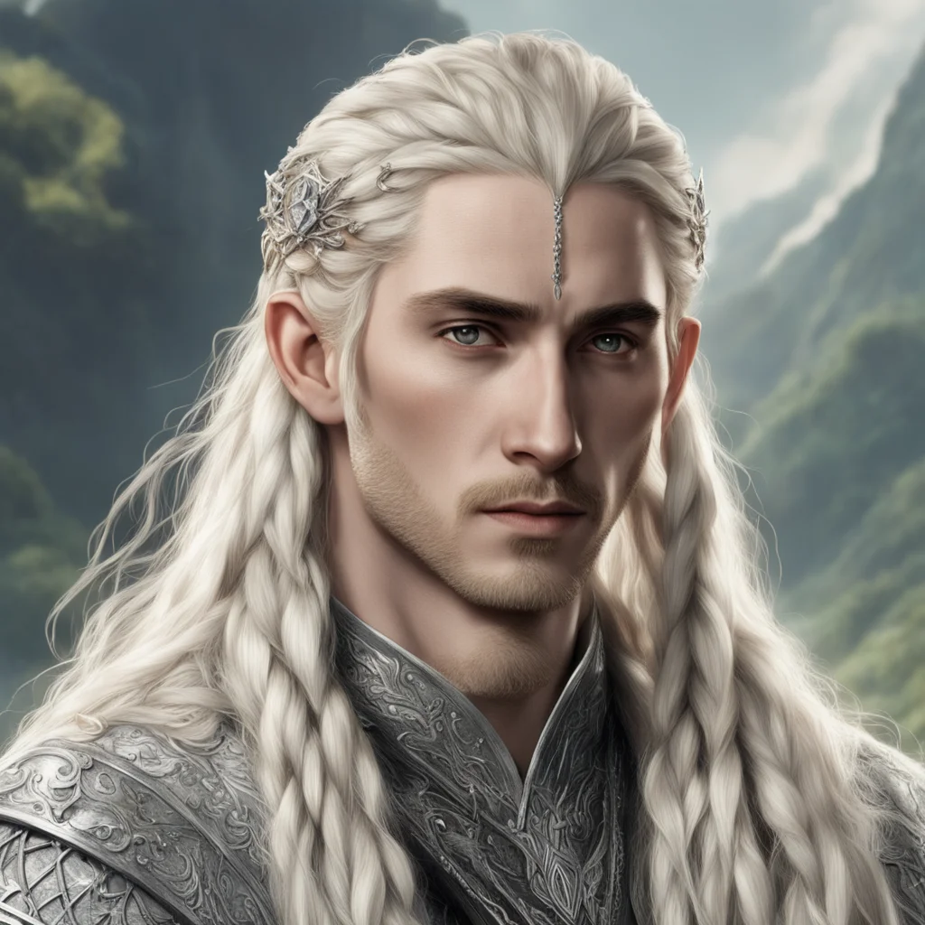tolkien king thranduil with blond hair and braids wearing silver strings with large diamonds in the hair 