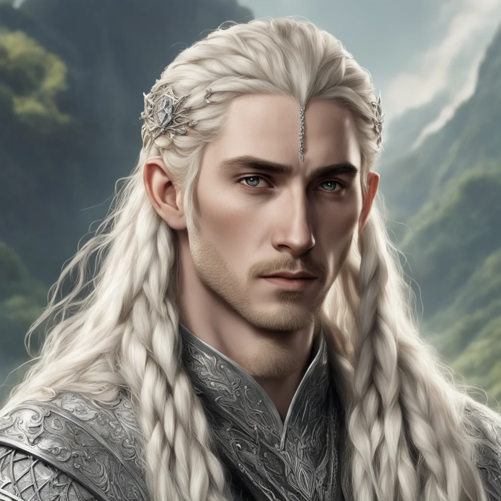 aitolkien king thranduil with blond hair and braids wearing silver strings with large diamonds in the hair 