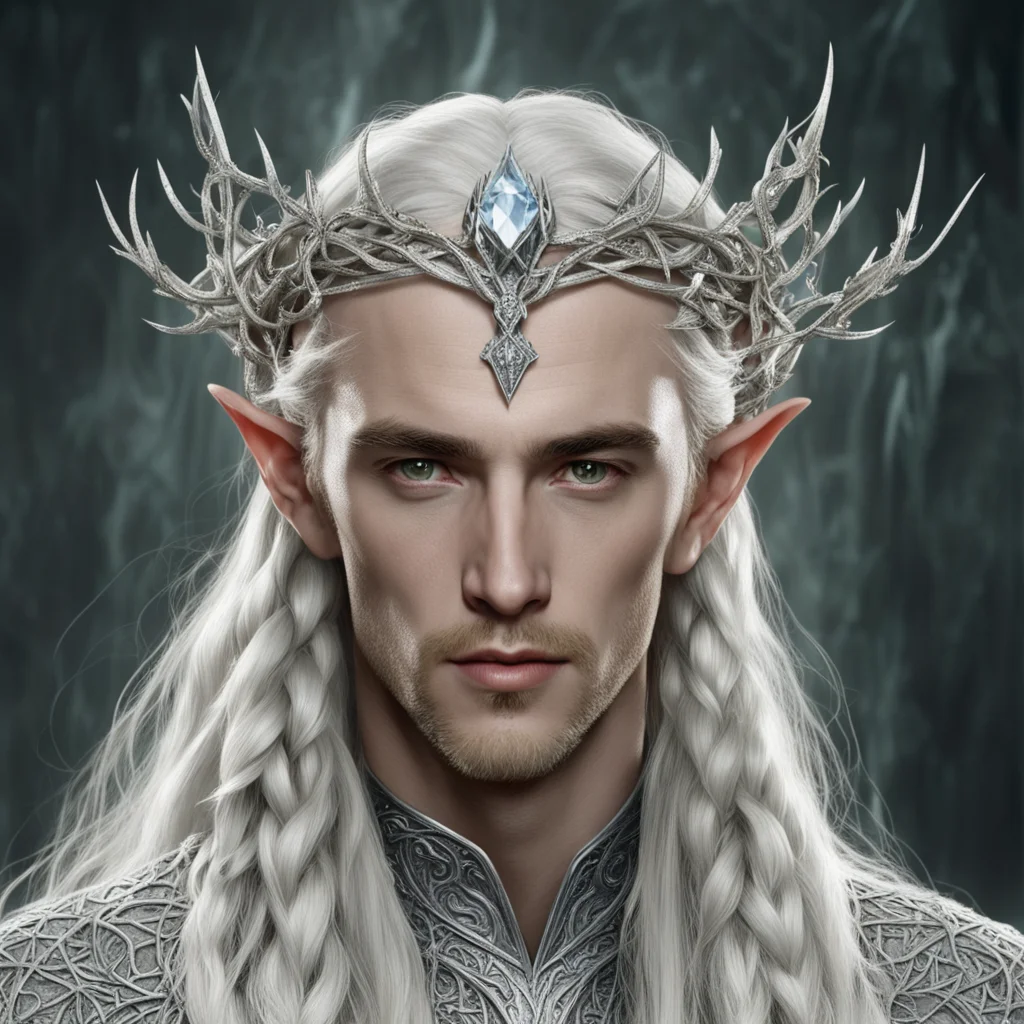 tolkien king thranduil with blond hair and braids wearing silver thorny vines encrusted with diamonds intertwined to form silver serpentine elvish circlet with large center diamond  amazing awesome 