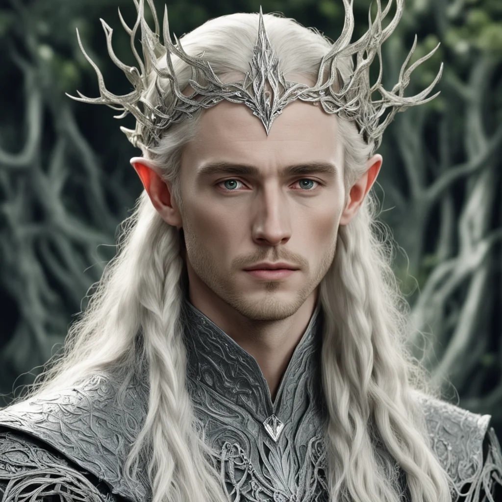 tolkien king thranduil with blond hair and braids wearing silver thorny vines encrusted with diamonds intertwined to form silver serpentine elvish circlet with large center diamond  confident engagi