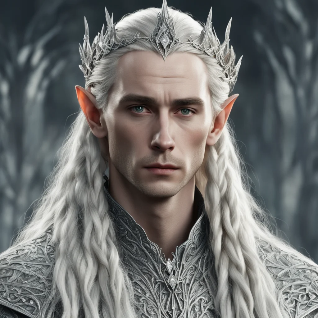 tolkien king thranduil with blond hair and braids wearing silver thorny vines studded with large diamonds to make silver elvish circlet with large center diamond  confident engaging wow artstation a