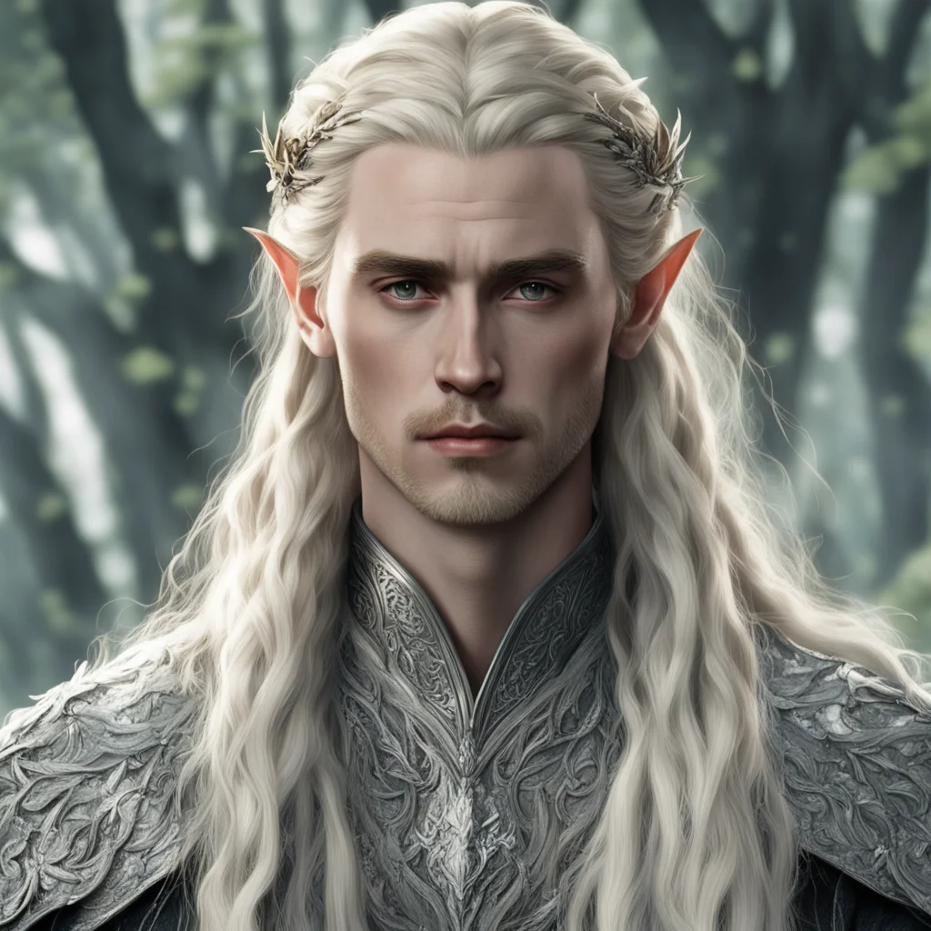 aitolkien king thranduil with blond hair and braids wearing silver twig and leaf with large diamond clusters in hair amazing awesome portrait 2