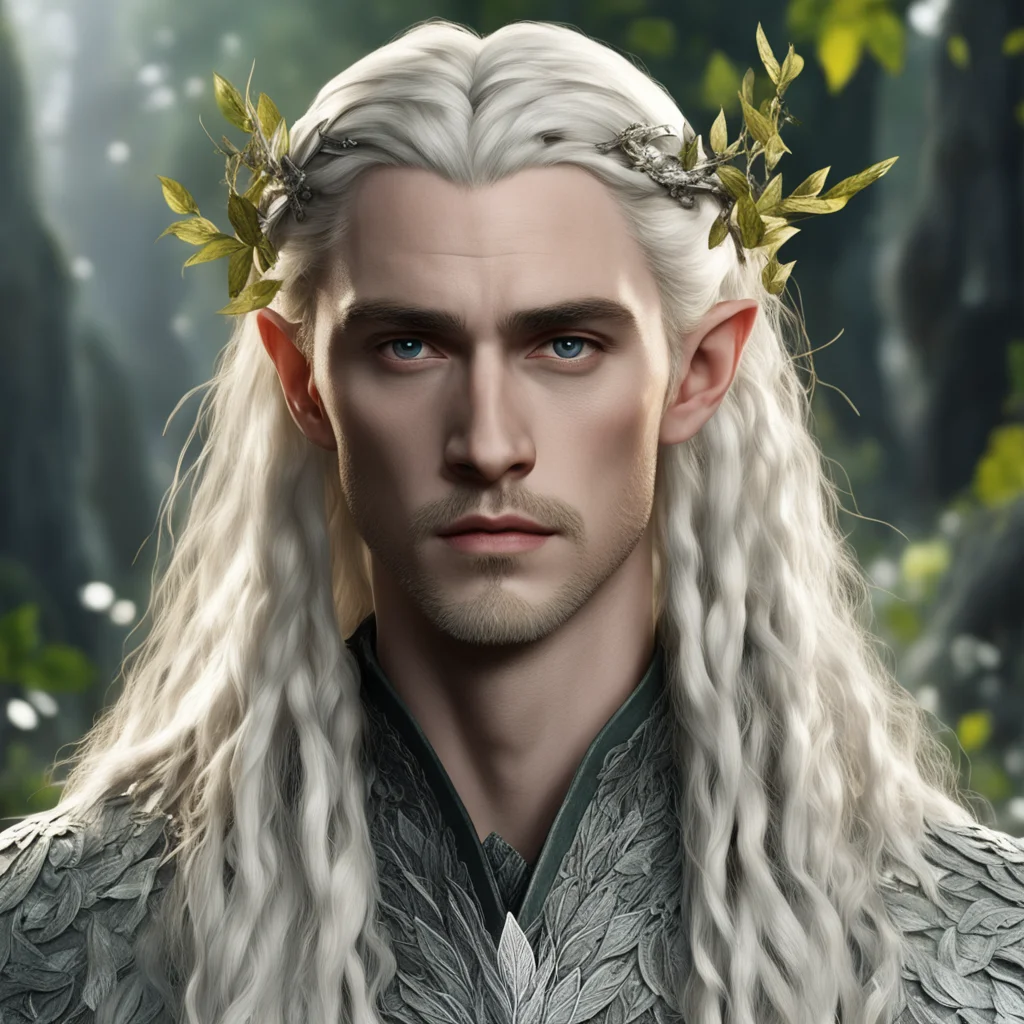aitolkien king thranduil with blond hair and braids wearing silver twig and leaf with large diamond clusters in hair confident engaging wow artstation art 3