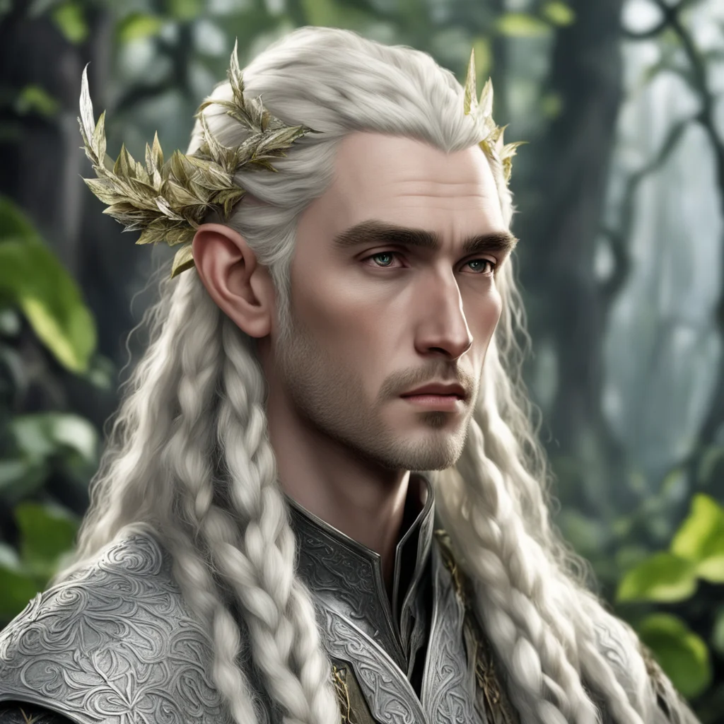 aitolkien king thranduil with blond hair and braids wearing silver twig and leaf with large diamond clusters in hair good looking trending fantastic 1