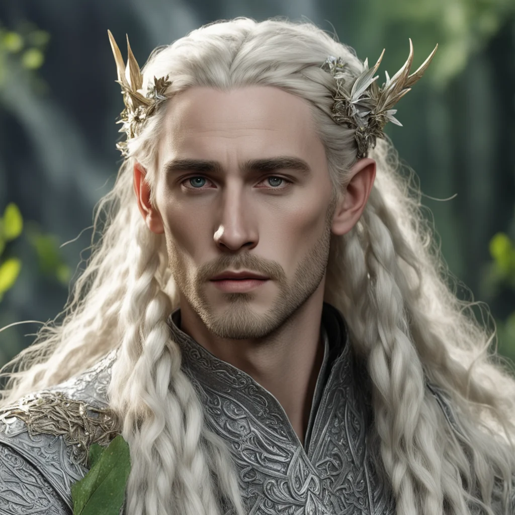 aitolkien king thranduil with blond hair and braids wearing silver twig and leaf with large diamond clusters in hair