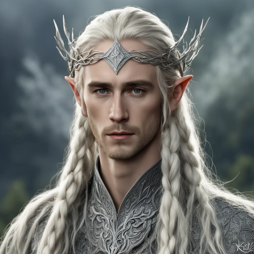 tolkien king thranduil with blond hair and braids wearing silver twig to form a small silver elvish circlet with large center diamond amazing awesome portrait 2