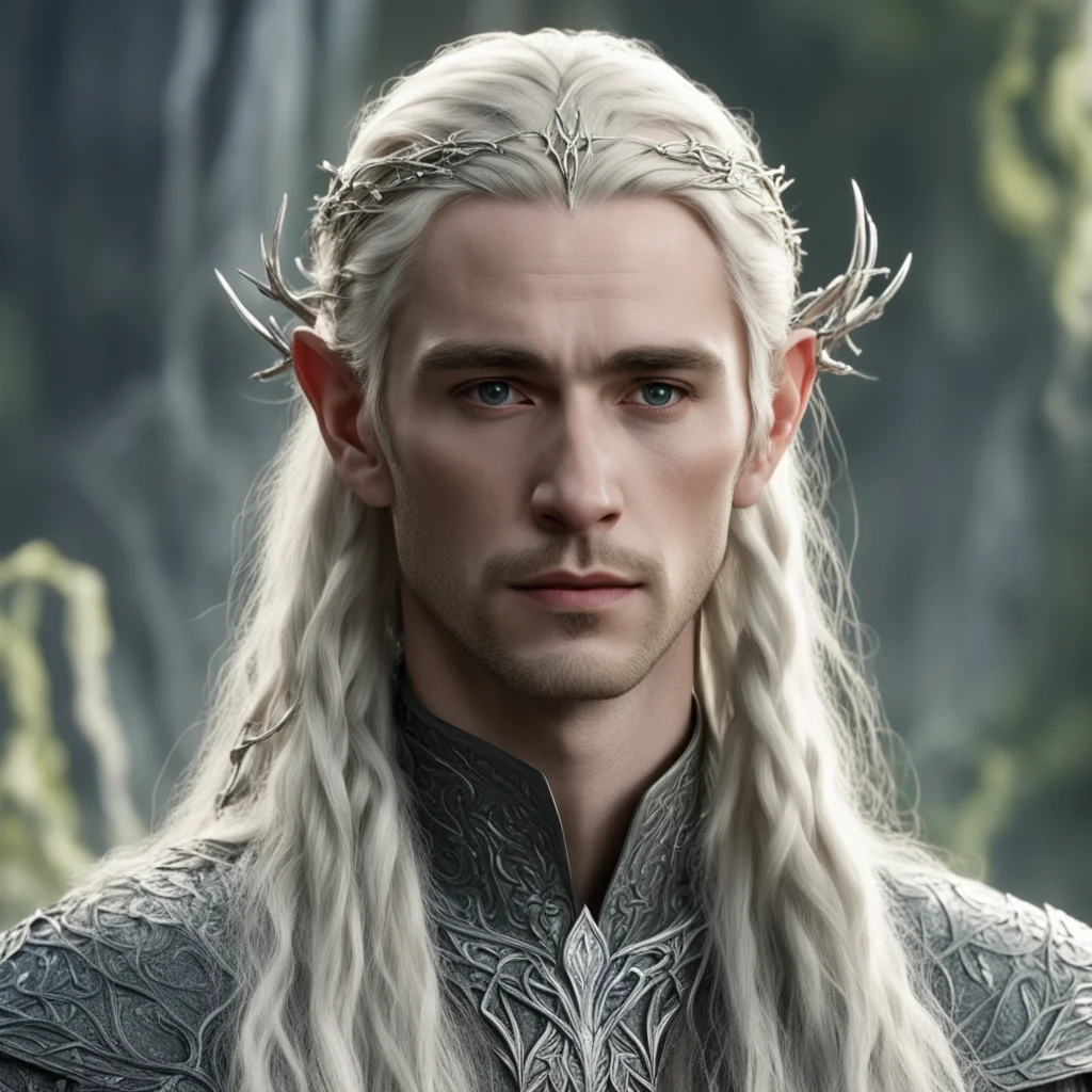 aitolkien king thranduil with blond hair and braids wearing silver twig to form a small silver elvish circlet with large center diamond confident engaging wow artstation art 3