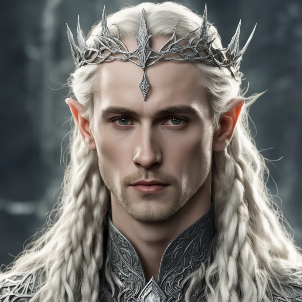 aitolkien king thranduil with blond hair and braids wearing silver twig to form a small silver elvish circlet with large center diamond good looking trending fantastic 1