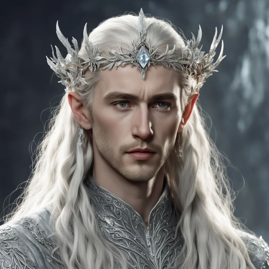 tolkien king thranduil with blond hair and braids wearing silver twigs and silver flowers encrusted with diamonds to form a silver elvish circlet with large center diamond  amazing awesome portrait 