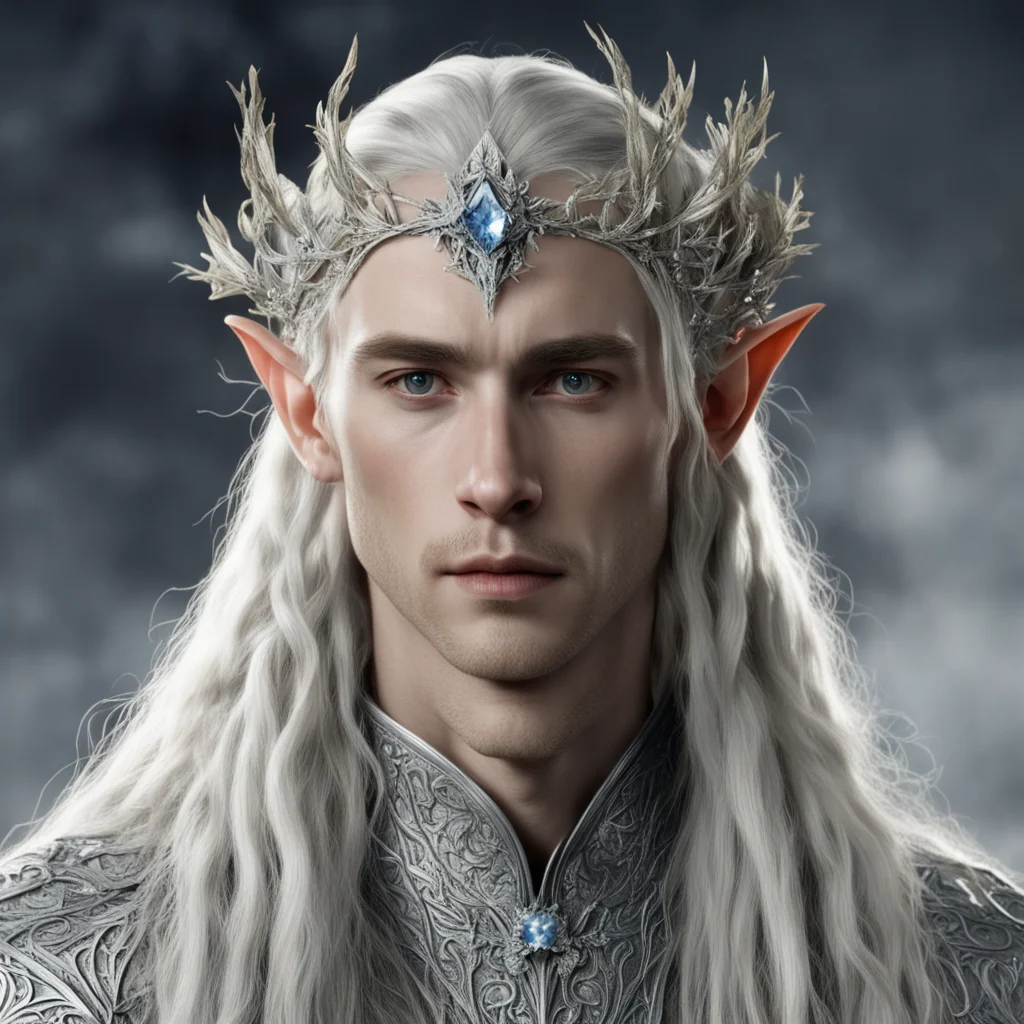 tolkien king thranduil with blond hair and braids wearing silver twigs and silver flowers encrusted with diamonds to form a silver elvish circlet with large center diamond  confident engaging wow ar
