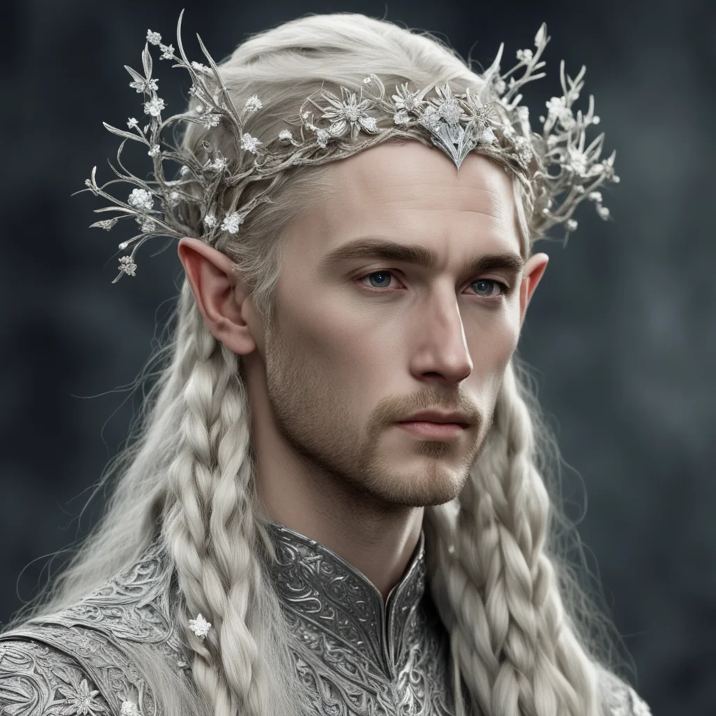 tolkien king thranduil with blond hair and braids wearing silver twigs and silver flowers encrusted with diamonds to form a silver elvish circlet with large center diamond amazing awesome portrait 2