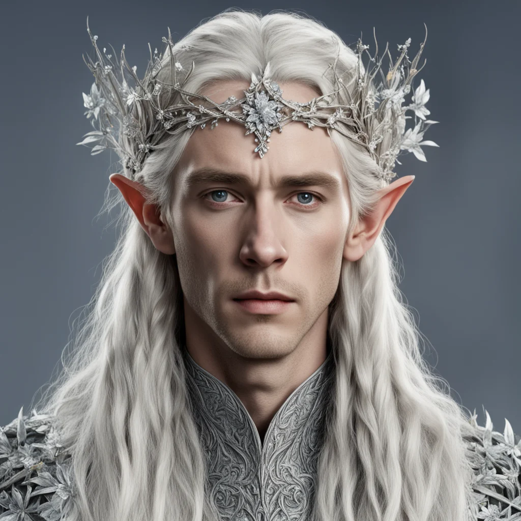 tolkien king thranduil with blond hair and braids wearing silver twigs and silver flowers encrusted with diamonds to form a silver elvish circlet with large center diamond good looking trending fant