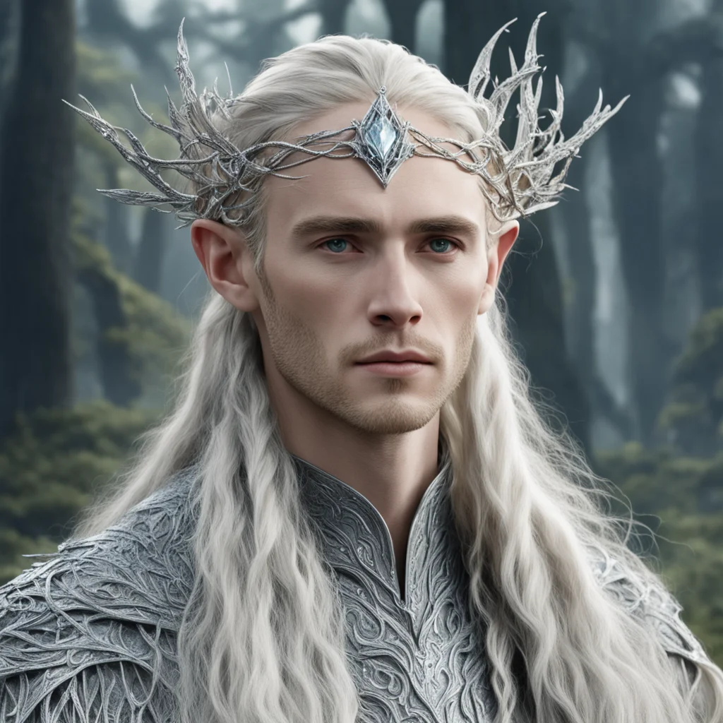 tolkien king thranduil with blond hair and braids wearing silver twigs encrusted with diamonds intertwined to form a silver serpentine elvish circlet with large center diamond amazing awesome portra