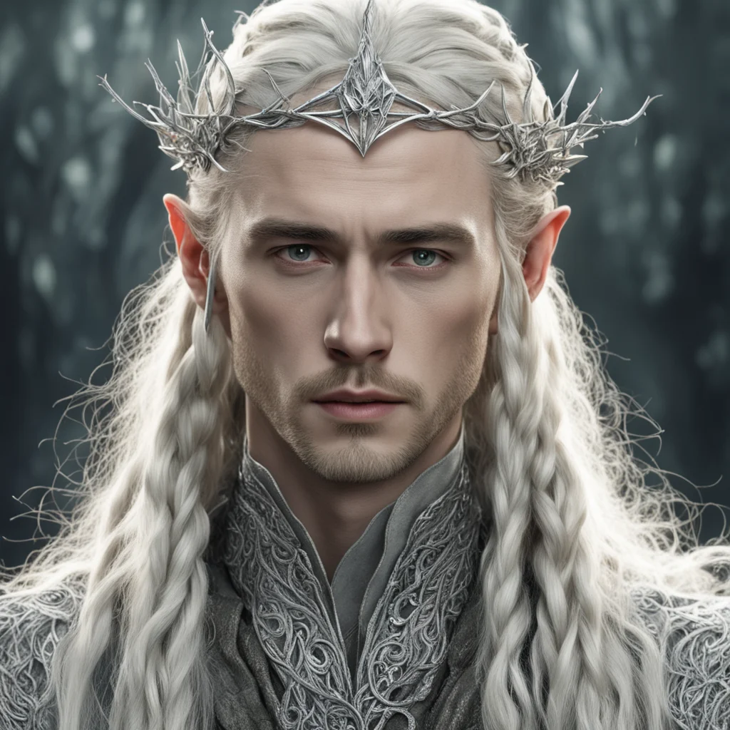 aitolkien king thranduil with blond hair and braids wearing silver twigs encrusted with diamonds intertwined to form a silver serpentine elvish circlet with large center diamond
