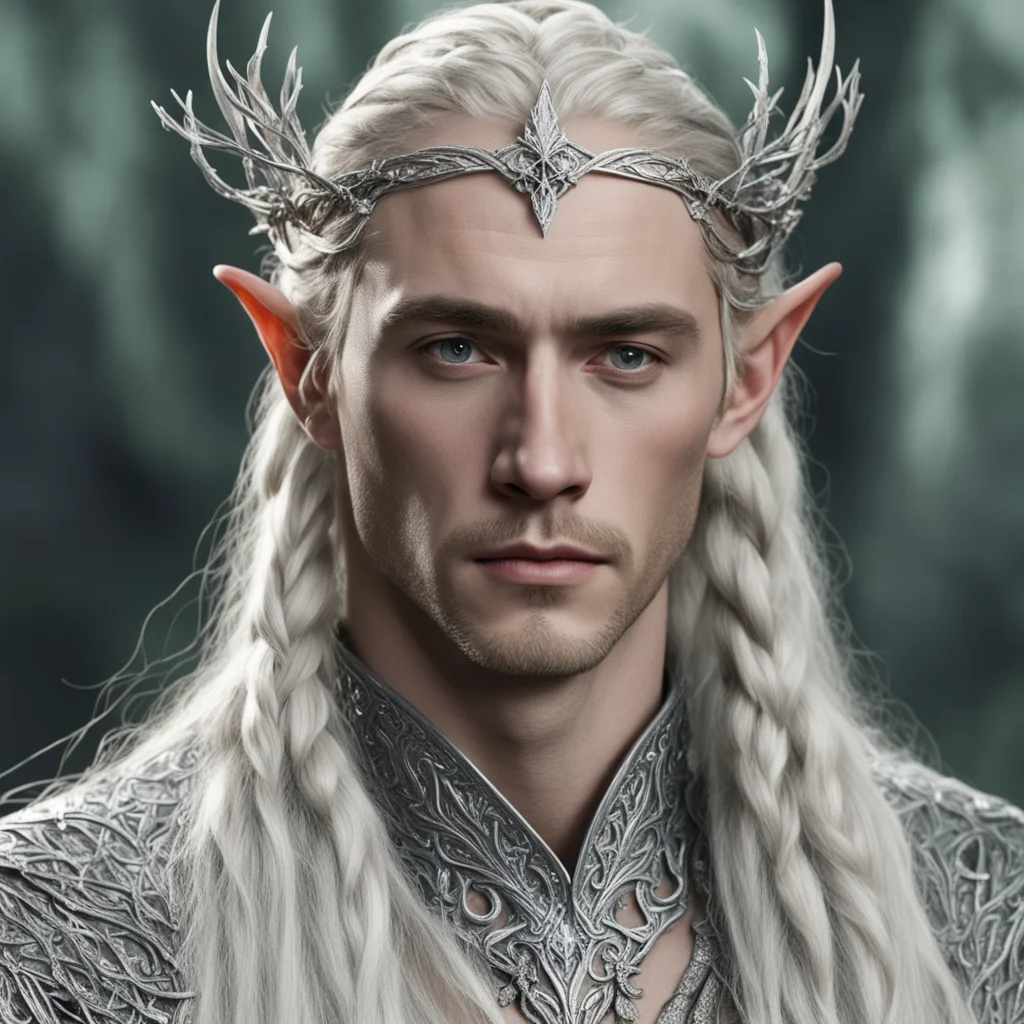 aitolkien king thranduil with blond hair and braids wearing silver twigs encrusted with diamonds to form a small silver elvish circlet with large center diamond amazing awesome portrait 2