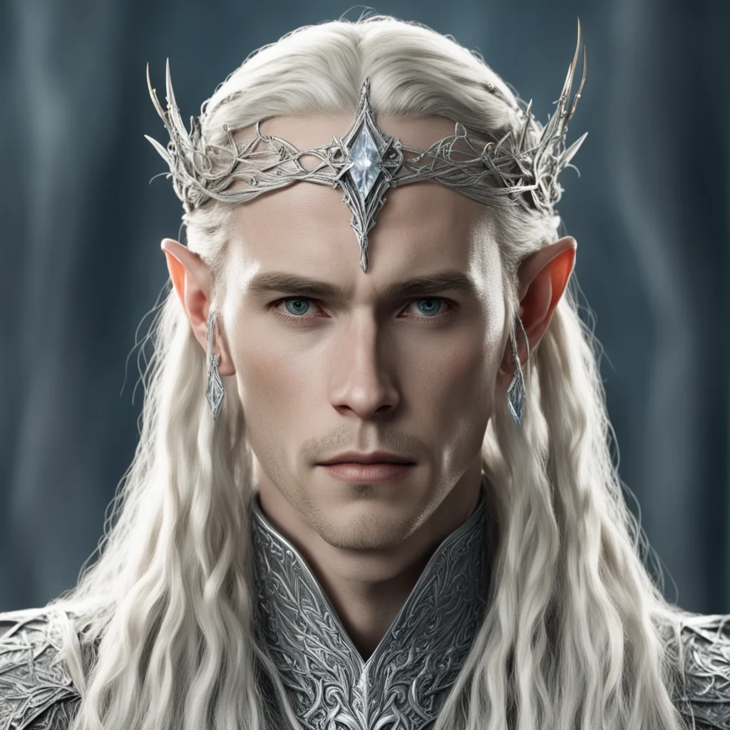 aitolkien king thranduil with blond hair and braids wearing silver twigs encrusted with diamonds to form a small silver elvish circlet with large center diamond good looking trending fantastic 1