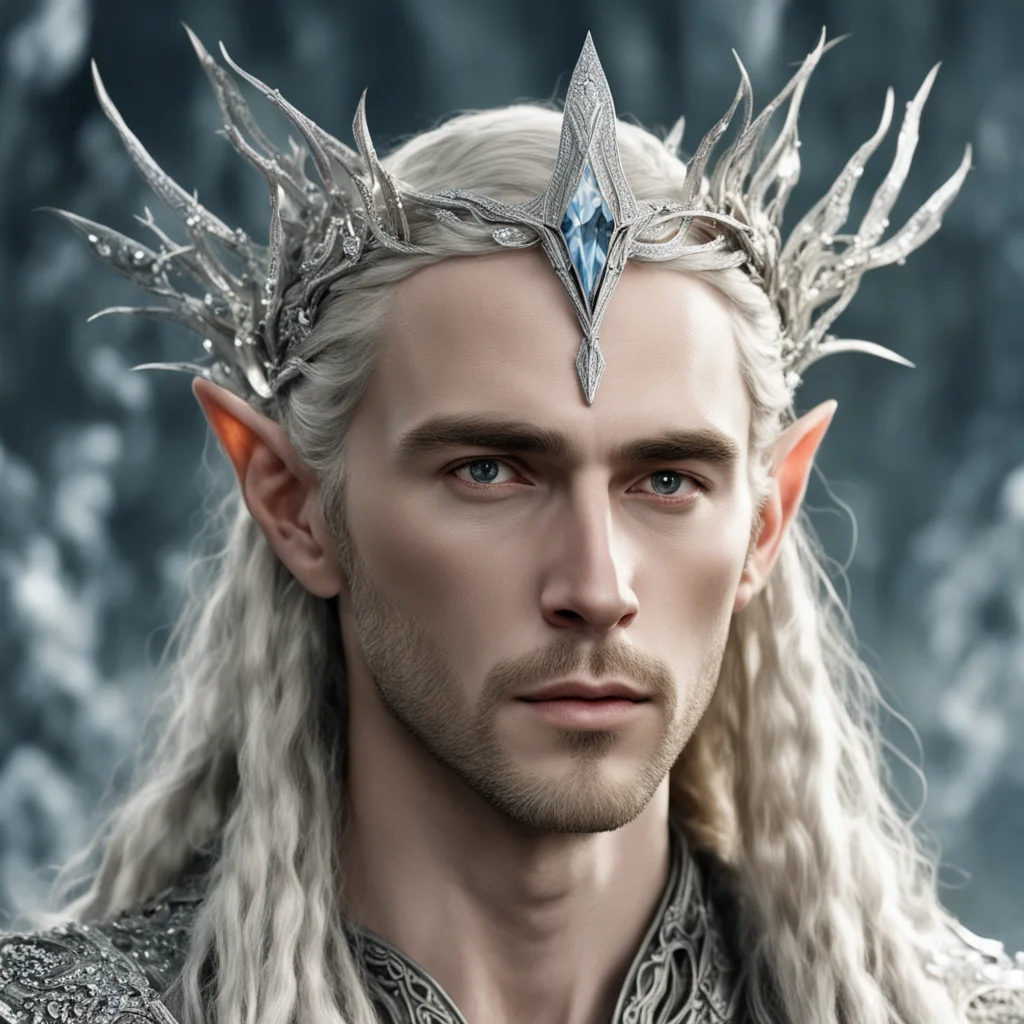tolkien king thranduil with blond hair and braids wearing silver twigs encrusted with diamonds with clusters of diamonds forming a silver elvish circlet with large diamond at center of circlet confi