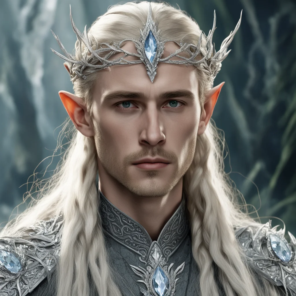 aitolkien king thranduil with blond hair and braids wearing silver twigs encrusted with diamonds with clusters of diamonds forming a silver elvish circlet with large diamond at center of circlet
