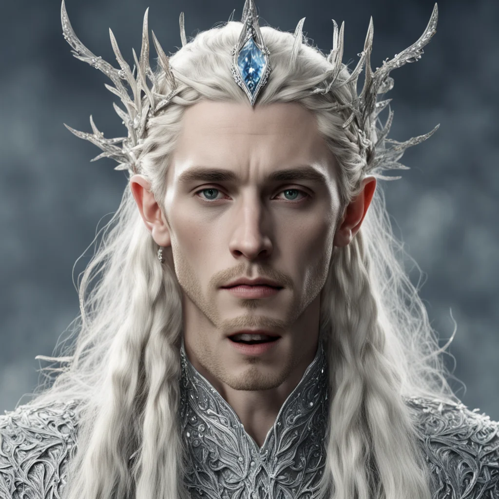 tolkien king thranduil with blond hair and braids wearing silver twigs encrusted with diamonds with large diamond clusters to form a silver elvish circlet with large center diamond good looking tren