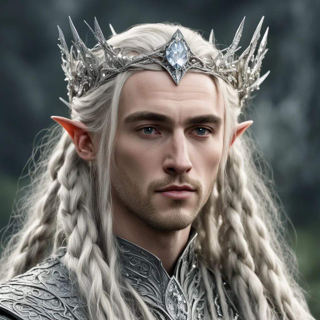 tolkien king thranduil with blond hair and braids wearing silver twigs encrusted with diamonds with large diamond clusters to form a silver elvish circlet with large center diamond