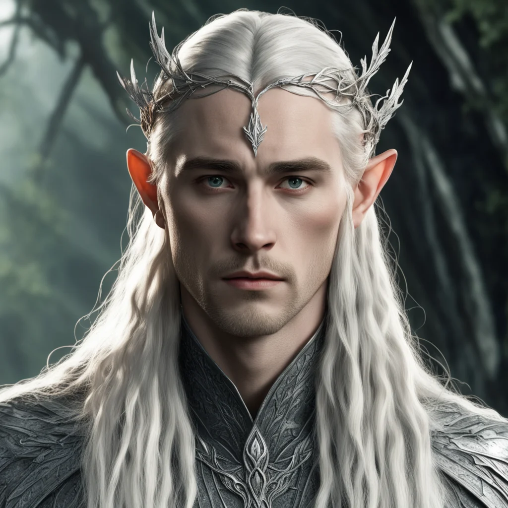 aitolkien king thranduil with blond hair and braids wearing silver twigs to form a small silver elvish circlet with large center diamond amazing awesome portrait 2