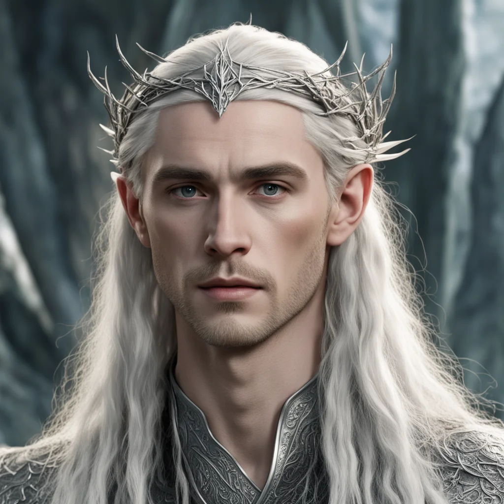 tolkien king thranduil with blond hair and braids wearing silver twigs to form a small silver elvish circlet with large center diamond confident engaging wow artstation art 3