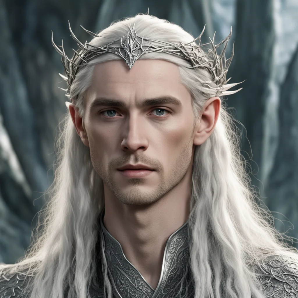 aitolkien king thranduil with blond hair and braids wearing silver twigs to form a small silver elvish circlet with large center diamond confident engaging wow artstation art 3