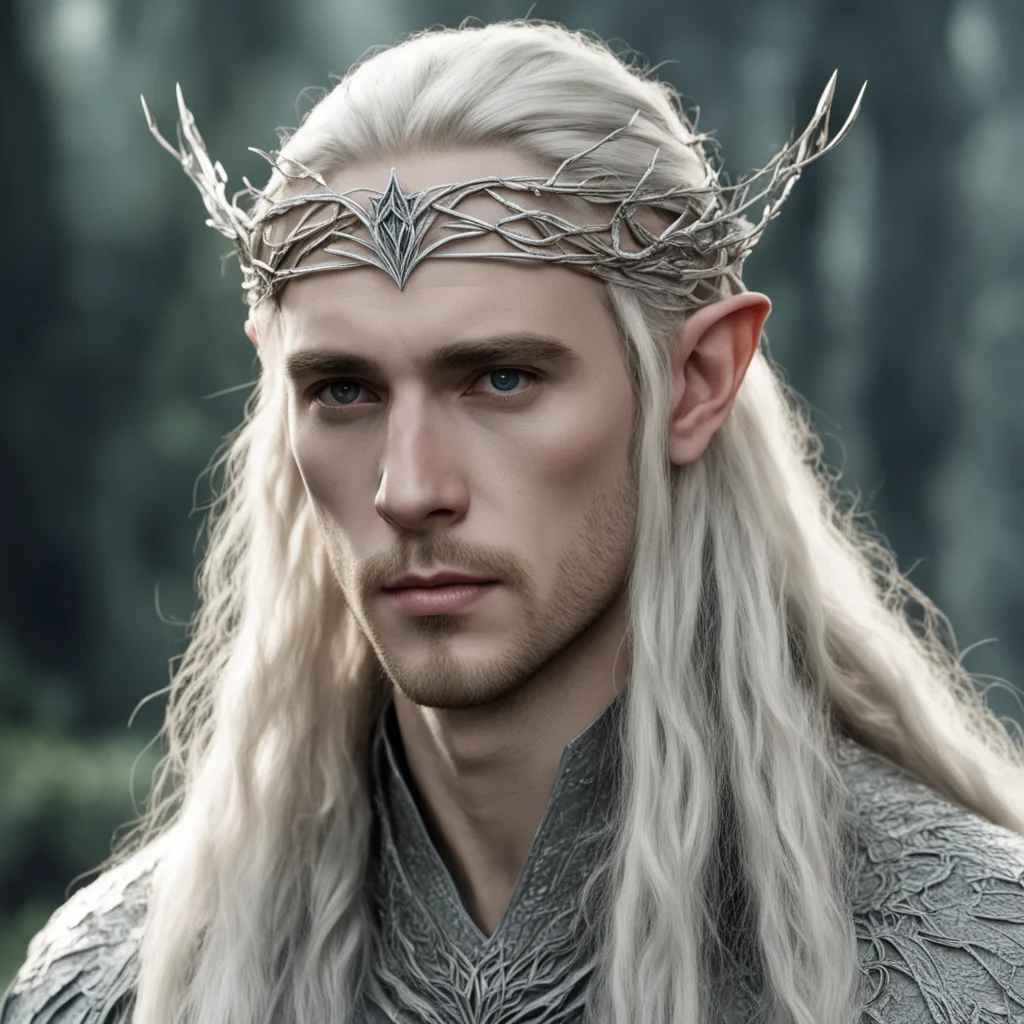 aitolkien king thranduil with blond hair and braids wearing silver twigs to form a small silver elvish circlet with large center diamond good looking trending fantastic 1