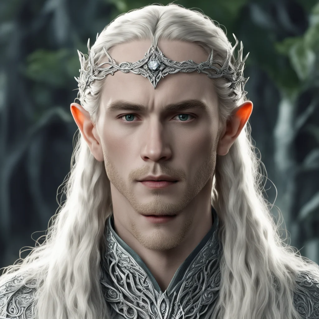 aitolkien king thranduil with blond hair and braids wearing silver twigs with clusters of diamonds intertwined to form a silver elvish circlet with large center diamond amazing awesome portrait 2