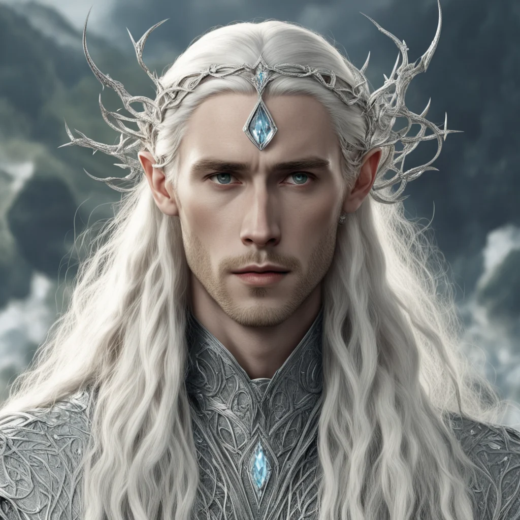 aitolkien king thranduil with blond hair and braids wearing silver twigs with clusters of diamonds intertwined to form a silver elvish circlet with large center diamond