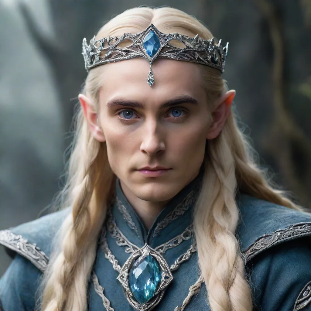 aitolkien king thranduil with blond hair and braids wearing silver twisted serpentine elvish circlet encrusted with diamonds with large center bluish diamond